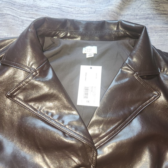 A‎ New Day Faux Leather Jacket Brown Button Front Blazer 1X - Picture 6 of 12